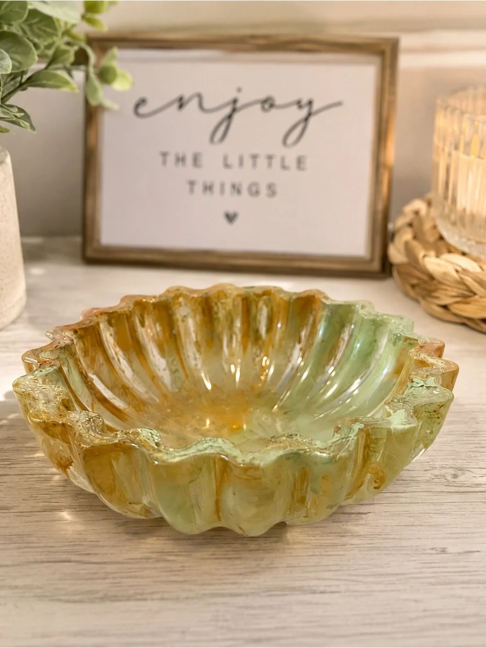 Handmade Green and Amber Decorative Glass Serving Bowl